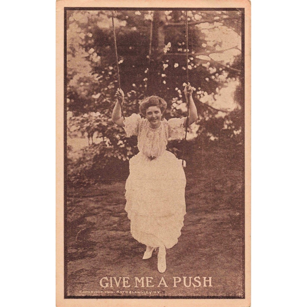 Antique 1910 Roth & Langley Postcard Give Me A Push Woman on Swing 1914 Postmark - Picture 1 of 2